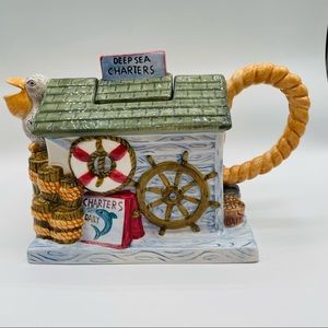 Sea Coastal Teapot Pelican Spout Hand Painted Cardinal Inc 10.5 x “6 Beach